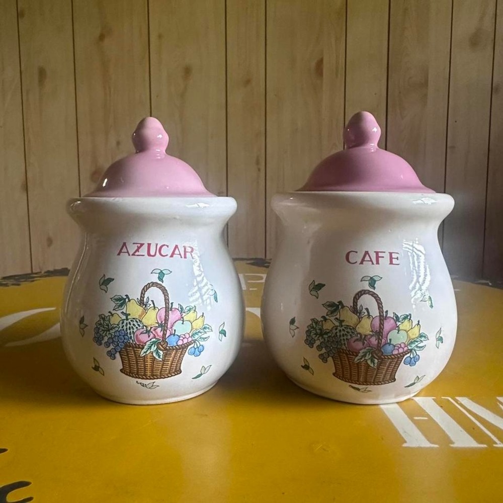 Vintage Cafe Azucar Jars Set of 2 Pastel Pink Lids Canisters Sugar Coffee Retro